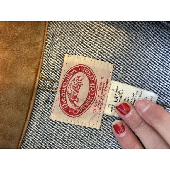 Vintage 90s Leather Collar Denim Jean Trucker Jacket Barn Chore Coat - Picture 12 of 13